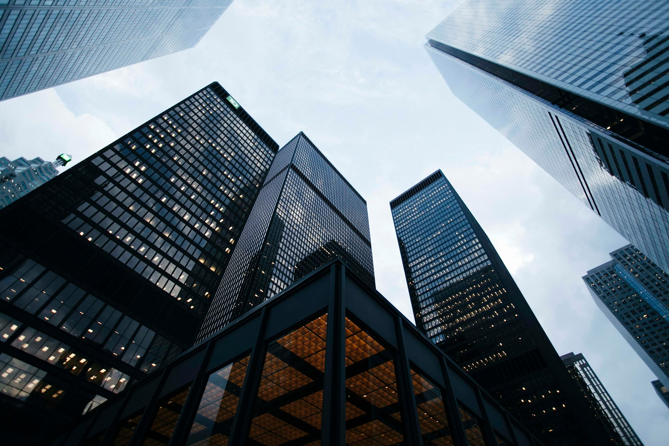 Cinematic financial-district towers at dusk