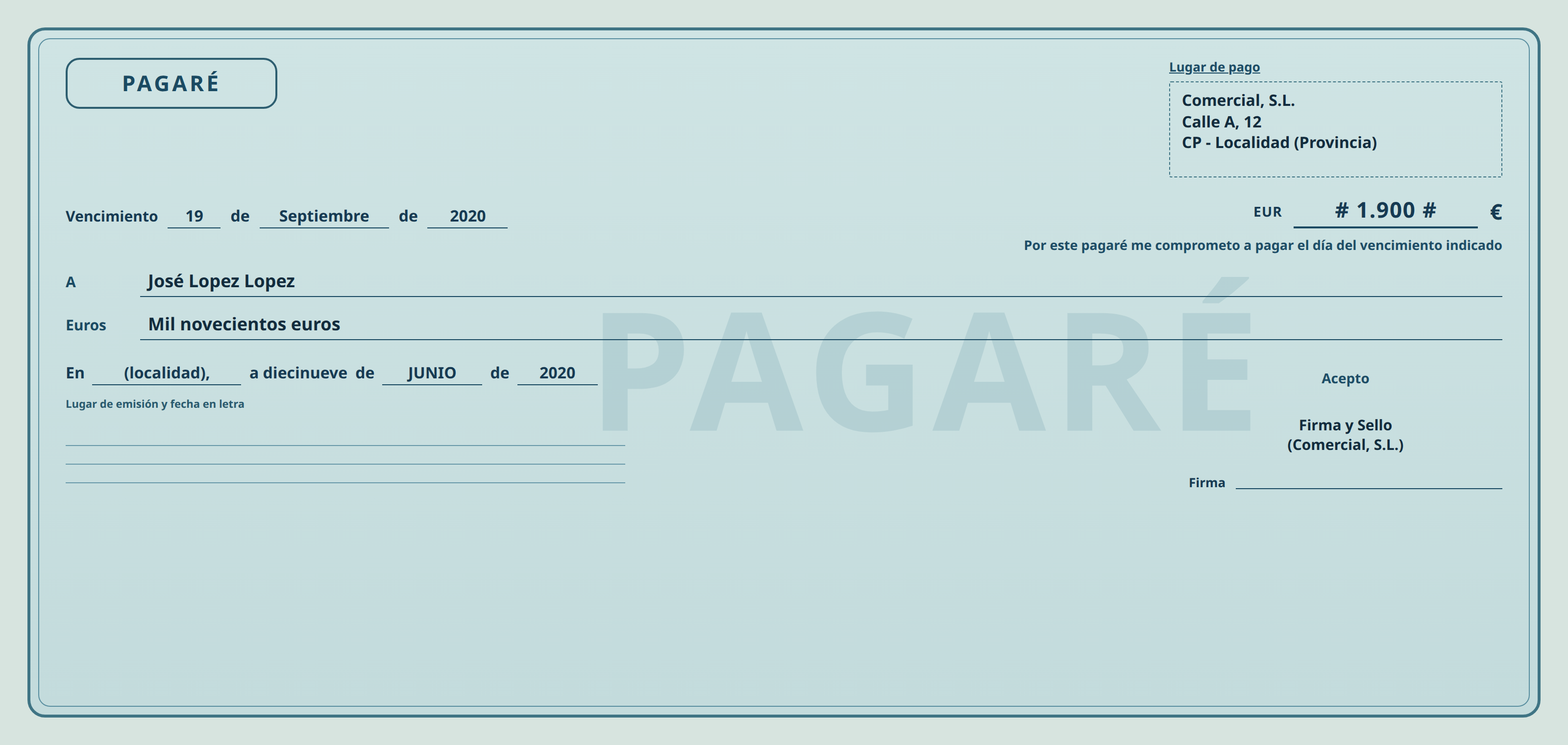 Spanish pagaré — Comercial, S.L., 1.900,00 €, vencimiento 19/09/2020