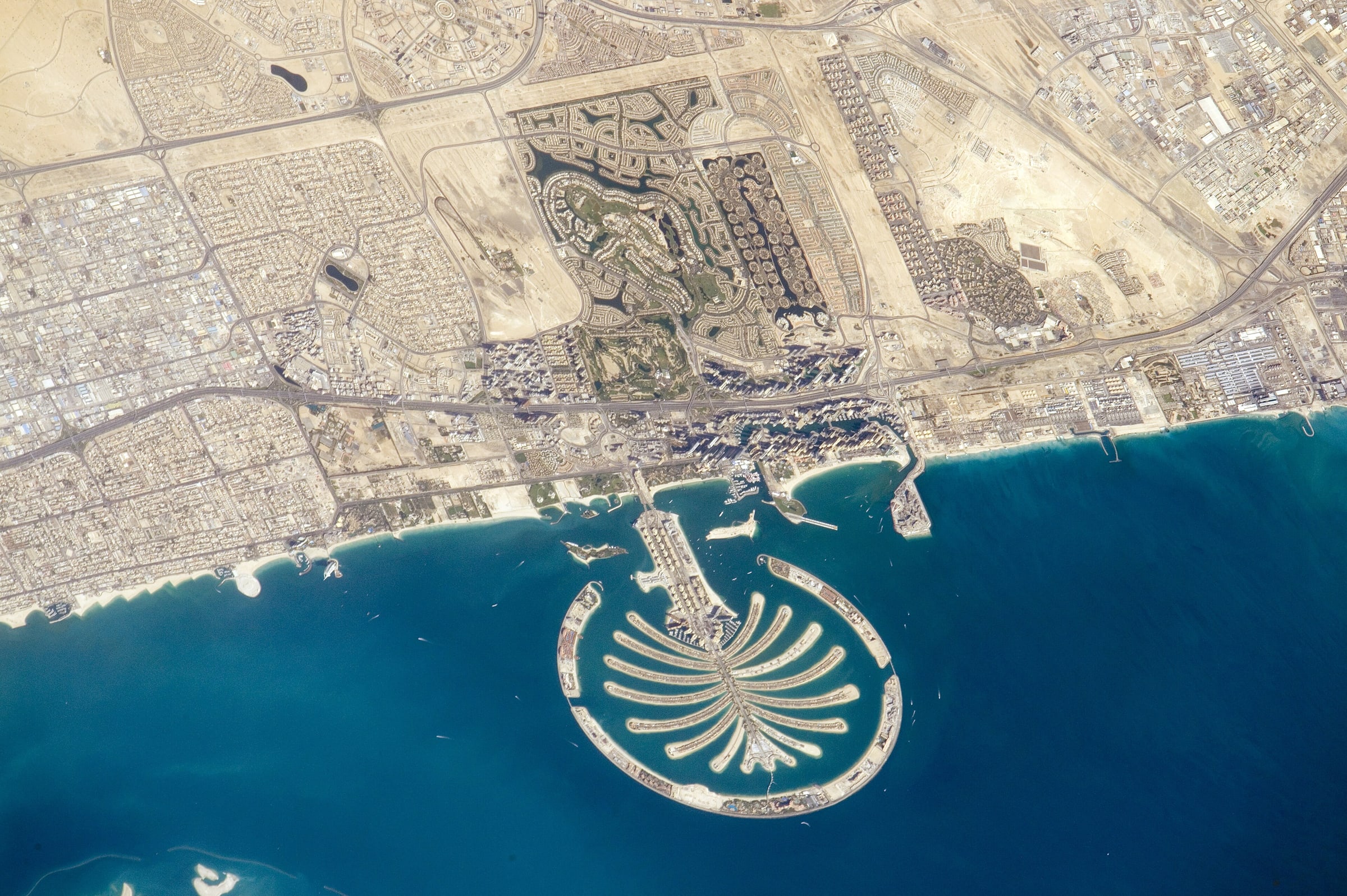 Aerial photograph of Palm Jumeirah, Dubai, the crescent island in the Arabian Gulf